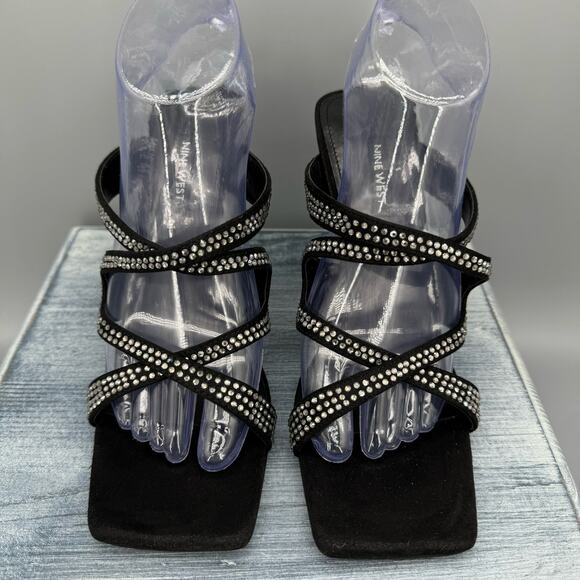 Nine West Adyson Embellished Square Toe Heeled Sandals Black Size 8M - Picture 3 of 10